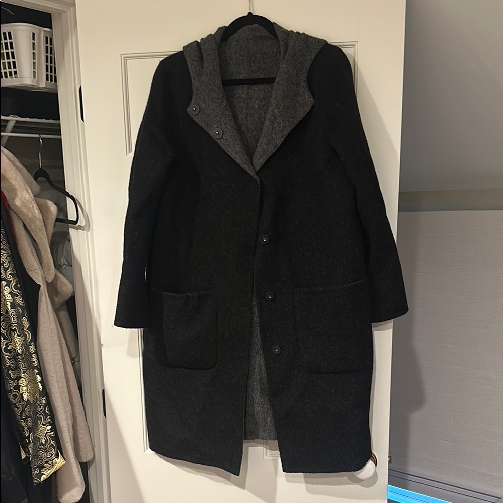 Eileen FisherBlack and Gray Hooded Wool Coat